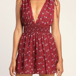 Lulus Always Game Burgundy Floral Print Tiered Smocked Romper - Size XS